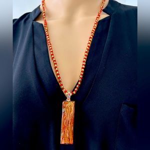 Handmade Red & Gold Glass Beaded Necklace with Murano Glass Pendant